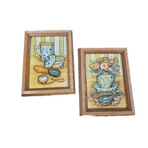 VTG 3D Bathroom Art Padded Textile Applique Framed Fabric Dimensional Set Of 2